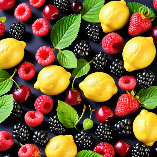 Prompt: background of lemons, strawberries, raspberries, blackberries and cherries