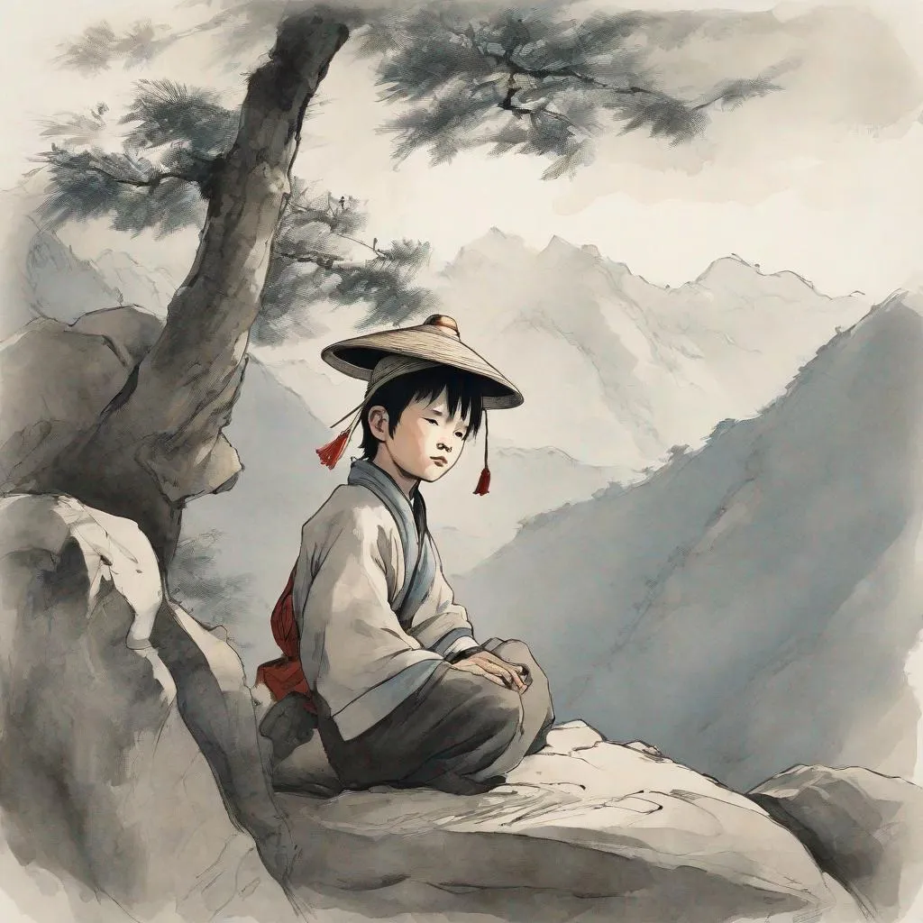 A single boy is sitting on a rock in the mountains,...