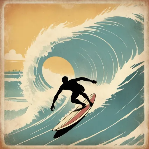 Prompt: Vintage Surfing Poster: A retro-style illustration of a surfer catching a wave, with faded colors and a distressed look to give it a nostalgic 1960s vibe.