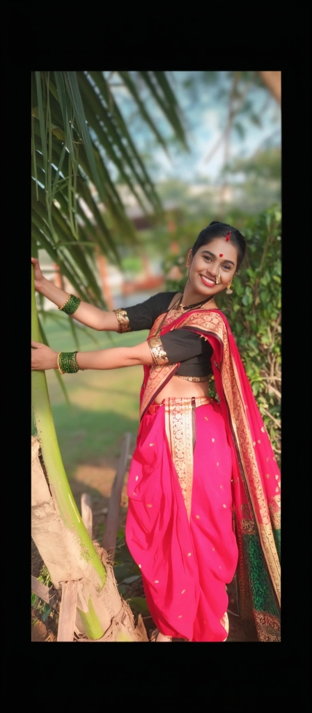 Prompt: Draped in a vibrant pink saree adorned with intricate golden patterns, a young woman stands joyfully beside a palm tree, her exuberance captured in a radiant smile. The black blouse complements her striking appearance, while traditional green bangles and a decorative nose ring add to her festive charm. The lush greenery surrounding her suggests an outdoor setting, illuminated by warm sunlight, enhancing the colors of her attire. Her playful stance, with hands gently resting on the tree trunk, conveys a sense of celebration and cultural pride amidst the natural beauty of the scene. The overall atmosphere exudes joy and elegance, merging tradition with a lively spirit.