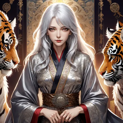 Prompt: tarot card Anime illustration, a silver-haired woman, detailed ornate cloth robe, dramatic lighting. She is with a tiger