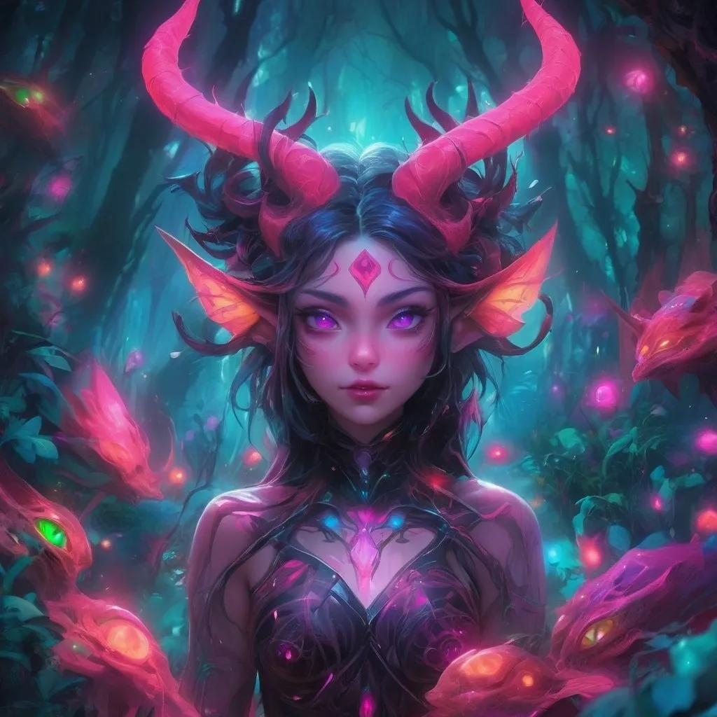 Prompt: bright color neon succubus glowing eyes looking at trippy space forest 