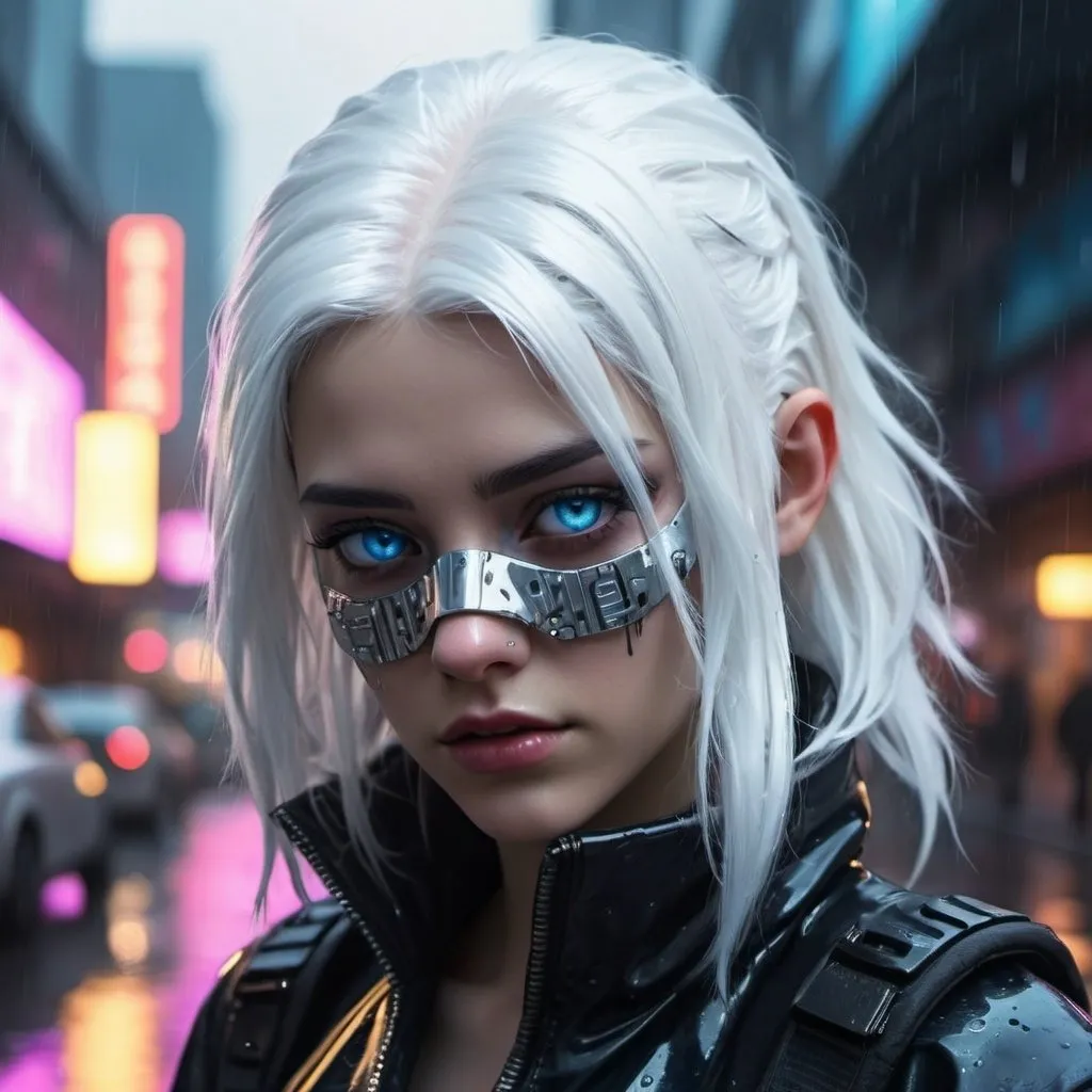 Prompt: cyber punk style female white hair,half mask blue eyes,neon heper realist future ristic city with rain and reflective puddles
