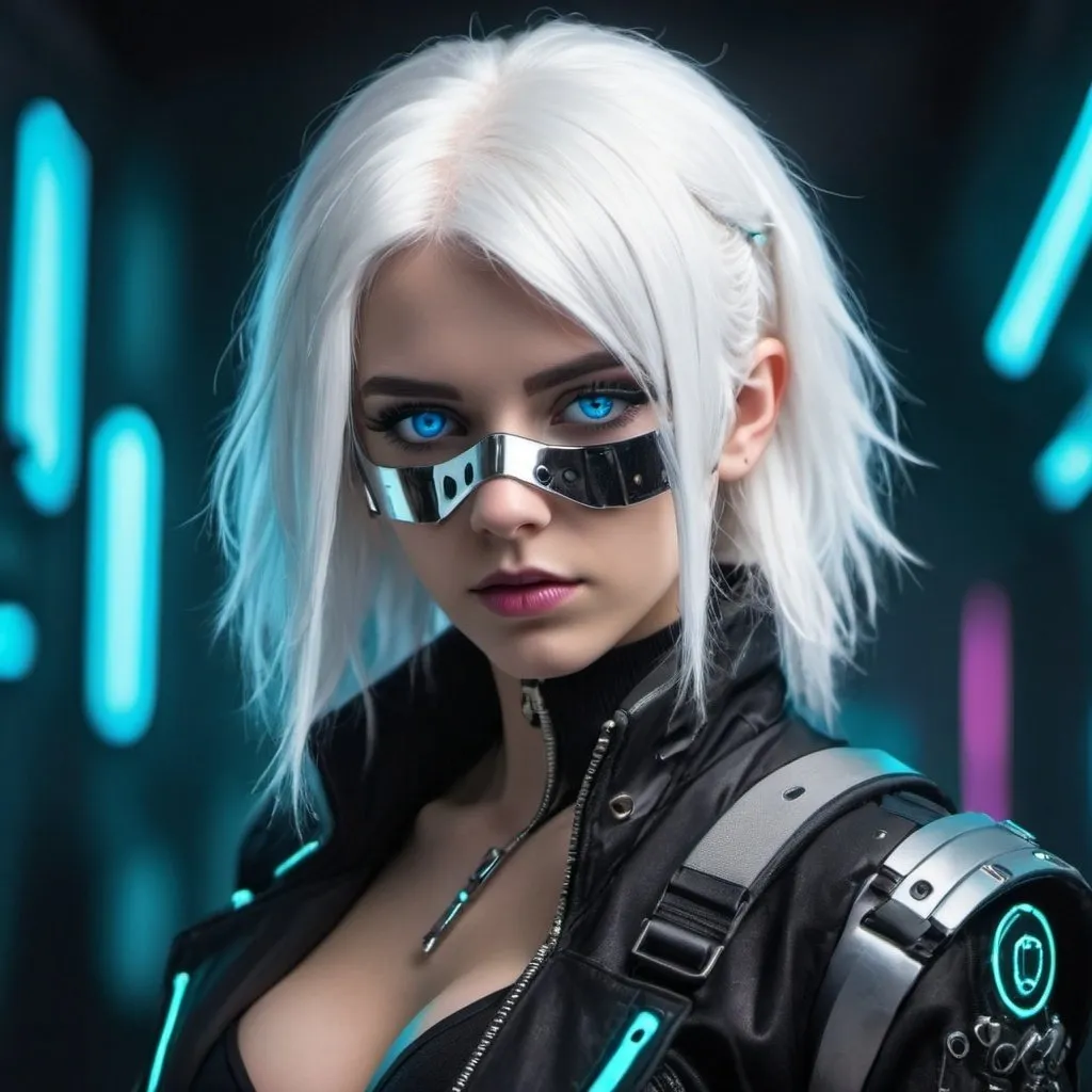 Prompt: cyber punk style female white hair,half mask blue eyes,neon