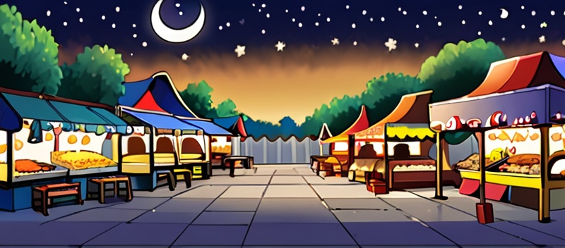 Prompt: generate an image with a facebook cover photo size,



this will be for a night food park,



show a park with lots of food stalls with diverse food options

it should have starry night and a crescent moon



the style should be cartoony like ghibli