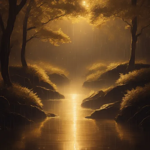 Prompt: Ambient golden meditation in nature, tranquil rain, high quality, detailed, serene atmosphere, nature, meditation, golden tones, ambient lighting, peaceful rain, detailed foliage, spiritual, introspective, serene, meditative, calming atmosphere, professional, atmospheric lighting