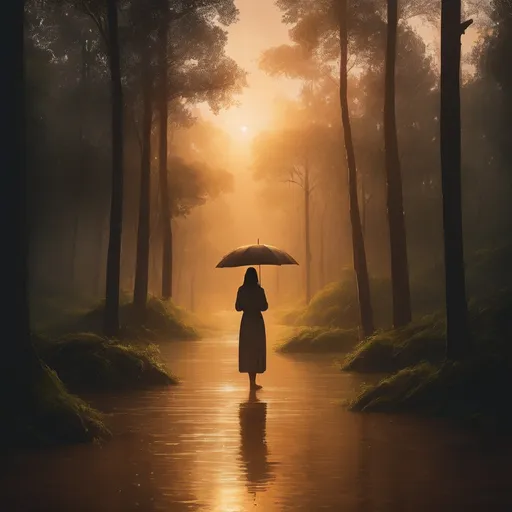 Prompt:  sunset in a lush forest, heavy rain pour, icon,  serene atmosphere, high-quality, realistic, golden tones, tranquil rain, detailed trees, peaceful ambiance, scenic, atmospheric lighting, woman,