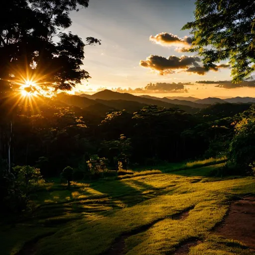 Prompt: a waking dream of tropical forest rains , clouds, sunset, golden hour, meditation, golden bell, path, woman walking away,