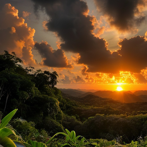 Prompt: a waking dream of tropical forest rains , clouds. sunset, golden hour, meditation, golden bell,