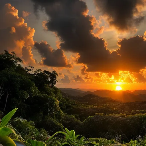 Prompt: a waking dream of tropical forest rains , clouds. sunset, golden hour, meditation, golden bell,