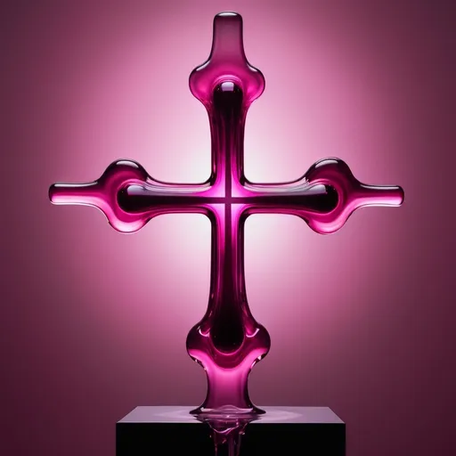 Prompt: Abstract glossy, fluid-like transparent, molten glass cross in mid-air, dynamic, dark and letter inscription of "maximum steeze" above the cross in dark pink molten  with no background 