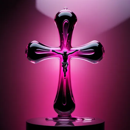 Prompt: Abstract glossy, fluid-like transparent, molten glass cross in mid-air, dynamic, dark and letter inscription of "maximum steeze" above the cross in dark pink molten  with no background 