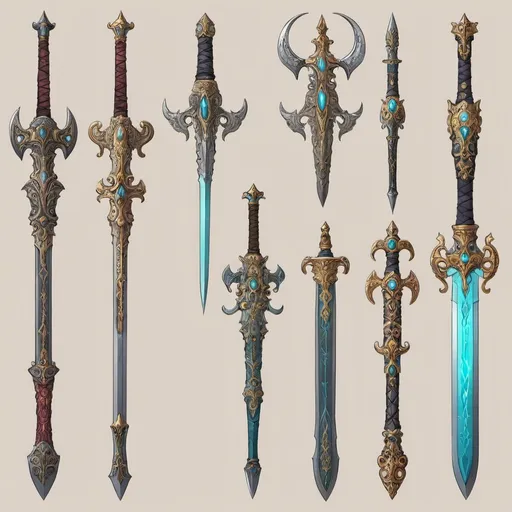 Prompt: design sheet of various ornate fantasy weapons, varied colorsdesign sheet of various ornate fantasy weapons, varied colors