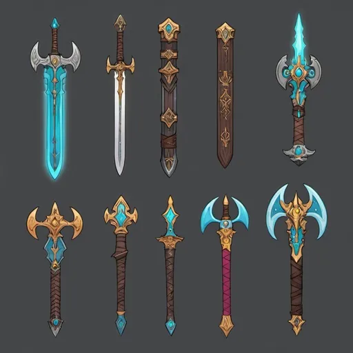 Prompt: design sheet of  fantasy weapons, varied colors