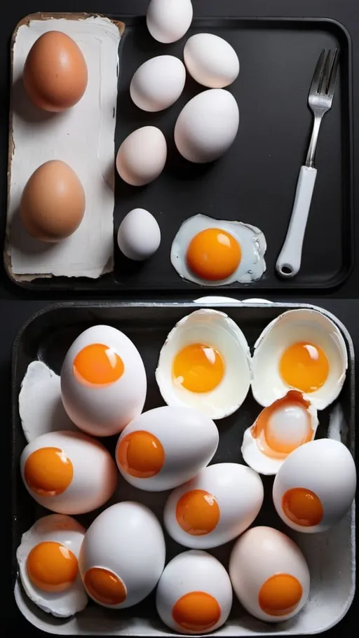 Prompt: a couple of eggs that are in a pan together on a table with a black background and a white one with orange eggs, Chris LaBrooy, context art, sun, a surrealist painting