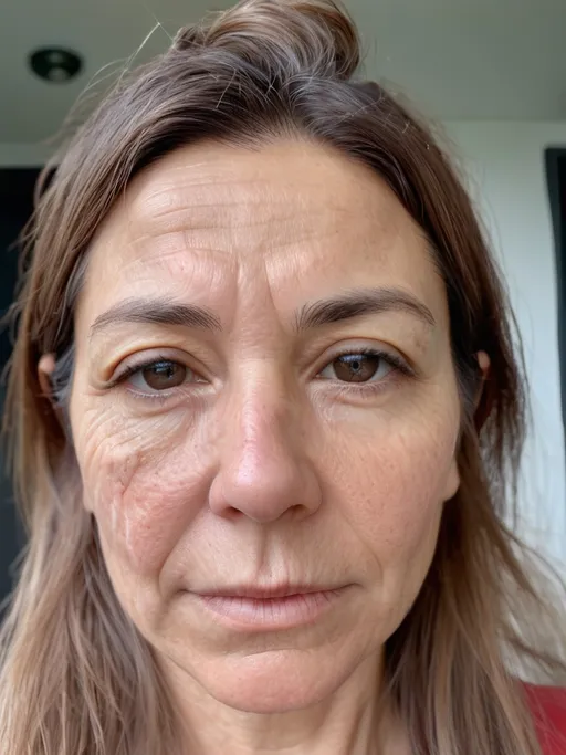 Prompt: A 45 year old tiktok influencer closeup left side view of her face with dry and fine hard wrinkles  , Photo is taken with front cam of her phone from outside  , wearing casuals with frizzy hair 