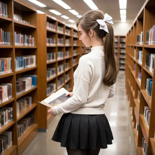 Prompt: A girl in high school with brown hair and a white bow in her hair comes to take a book off the shelf in the library and you only see her back and is wearing a white sweater, a tight black skirt and tights