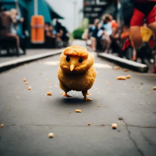 Prompt: Chicken nugget running from human with fork

