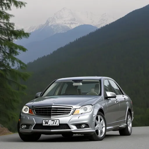 Prompt: typical w204 mercedes 2008 year sedan, stojący z ukosa, na drugim planie las i góry