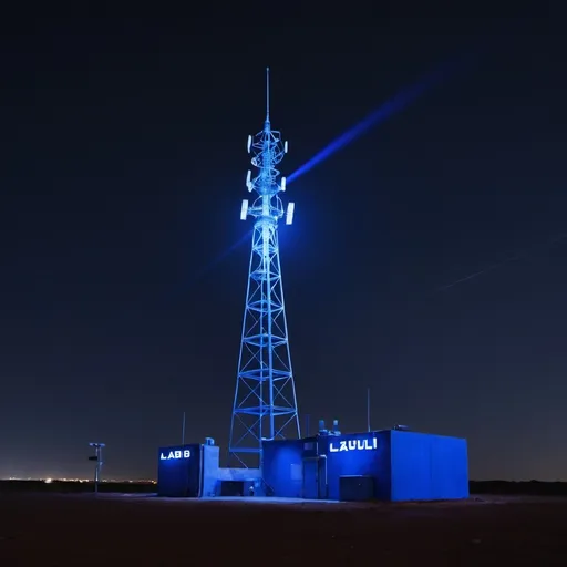 Prompt: A radio station with an antenna, seen from a distance with a blue light (Lapis Lazuli type)