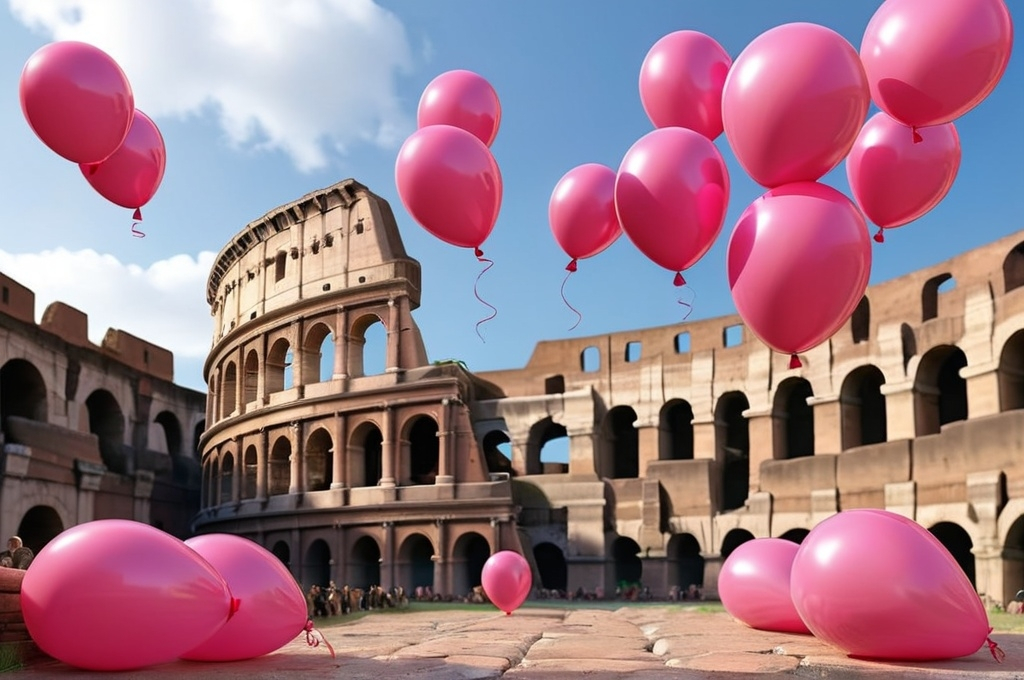 Prompt: Change the material of the walls of the Roman Colosseum to pink balloons