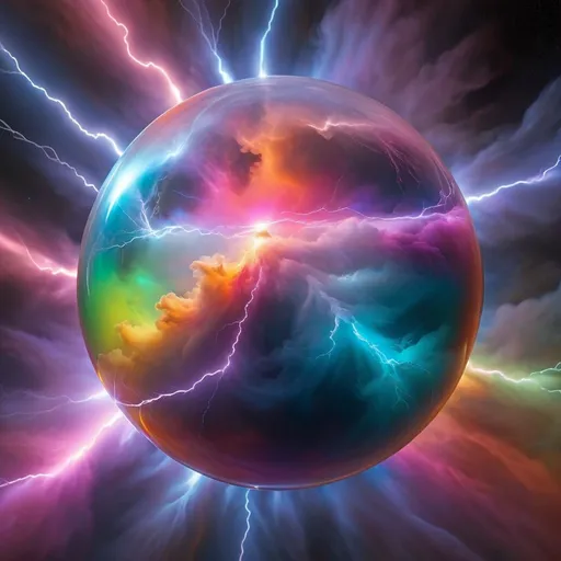Prompt: Radiant, semi-transparent sphere floating in space, neon rainbow hues, exploring nebulous cloud, luminous lightning energy discharges, high quality, ethereal, space art, glowing, semi-transparent, stunning nebula, vibrant colors, energy discharges, otherworldly, detailed highlights, cosmic, immersive lighting