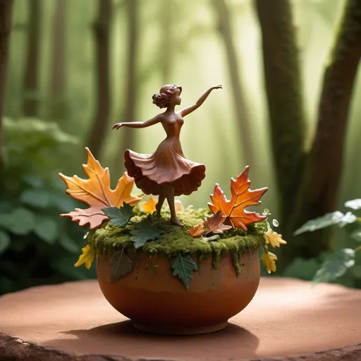 Prompt: A whimsical miniature figure composed of delicately arranged autumn leaves, poised in a carefree dance on the rim of a weathered, moss-covered terracotta pot, set against a lush, vibrant forest backdrop. Dappled sunlight filters through the canopy above, casting intricate shadows. The overall aesthetic is ethereal, with warm, earthy tones of sienna, umber, and olive green, infused with hints of emerald and golden light, evoking a sense of wonder and enchantment, as if plucked from a fantastical realm. The leaves, elongated to enhance their height, glisten with droplets of water, adding to the magical, dreamy atmosphere.