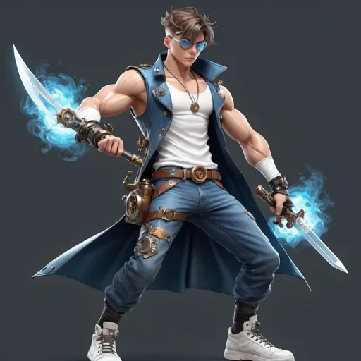 Prompt: Steampunk Inventor, 3d character, full-body digital illustration, high quality, detailed texture, high-res, trending on artstation, jung muscular boy with anime hero elite power, white sneaker, anime sword with blue flames