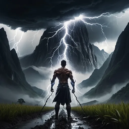 Prompt: Please create an image of a person cultivating under towering mountains, preparing to break through to a higher realm, causing everything around to shake violently. Dark clouds cover the sky, thousands of lightning bolts strike down, and the character emits a radiant aura around their body. The image should be sharp, powerful, dark, in 4K Ultra HD, with an awe-inspiring, magnificent, and terrifying scene.