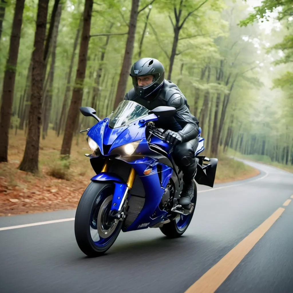 Prompt: A young man riding a Yamaha R1 in a tucked position, speeding down a road surrounded by a forest with blue-colored trees.