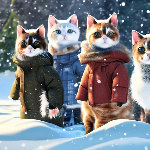 Prompt: three cats in different color winter jackets, snow boots, snow clothes, going outside to play in snow, three dogs in snow clothes, boots, jackets, with sleds outside waiting for them, snowy, winter scene, realistic, photorealism, 
