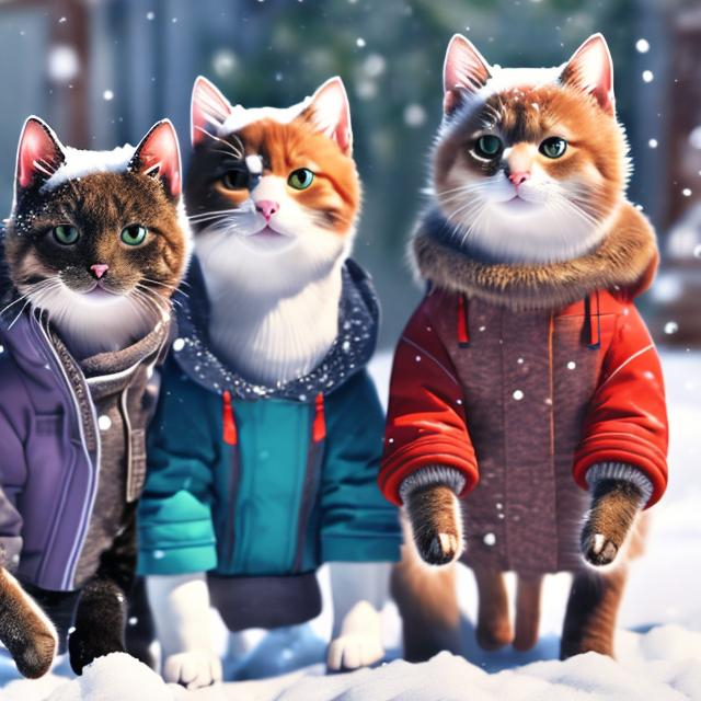 Prompt: three cats in different color winter jackets, snow boots, snow clothes, going outside to play in snow, three dogs in snow clothes, boots, jackets, with sleds outside waiting for them, snowy, winter scene, realistic, photorealism, 