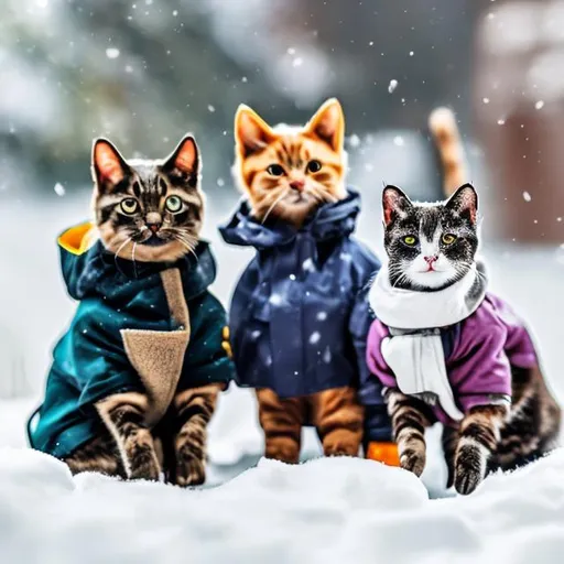 Prompt: three cats, three dogs, different color winter jackets, snow boots, snow clothes, going outside to play in snow, three dogs in snow clothes, boots, jackets, with sleds outside waiting for them, snowy, winter scene, realistic, photorealism, different poses, no cartoon