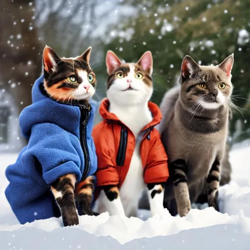 Prompt: three cats, three dogs, different color winter jackets, snow boots, snow clothes, going outside to play in snow, three dogs in snow clothes, boots, jackets, with sleds outside waiting for them, snowy, winter scene, realistic, photorealism, different poses, no cartoon