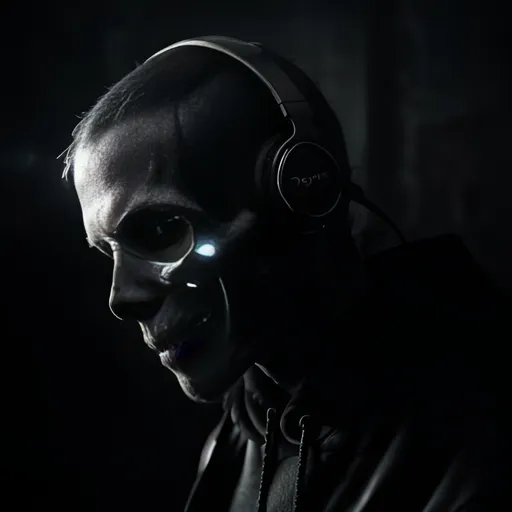 Prompt: Skull wearing headphones, digital art, dark background, realistic lighting, high quality, skull with headphones, detailed texture, eerie atmosphere, subtle glow, digital rendering, high-resolution, dramatic lighting, modern aesthetic, monochrome color tones, professional artwork