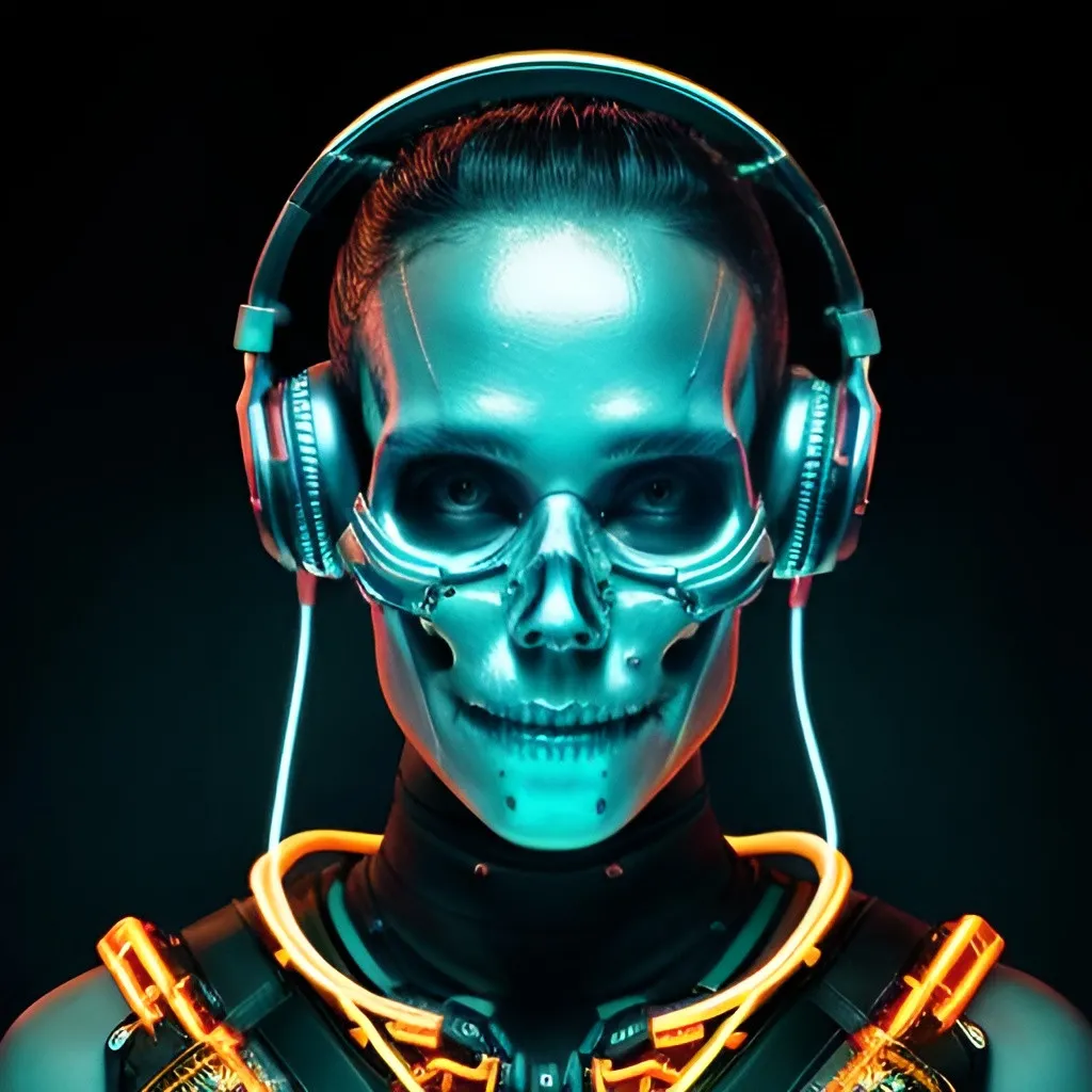 Prompt: Futuristic-biomechanical illustration of a skull wearing headphones, metallic and organic textures, glowing neon accents, high-tech cyberpunk setting, intricate wiring and circuitry, eerie and surreal atmosphere, highres, ultra-detailed, cyberpunk, biomechanical, futuristic, glowing neons, intricate details, eerie atmosphere, skull, headphones, metallic textures, organic textures, advanced lighting