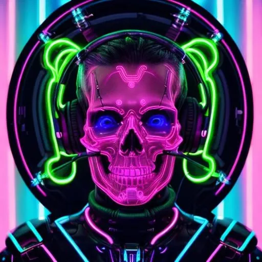 Prompt: Portrait of a bio mechanical skull wearing headphones, digital illustration, glowing neon accents, high-tech futuristic style, metallic sheen, detailed circuits and wires, intense and vibrant lighting, high quality, futuristic, digital art, bio mechanical, glowing neon, detailed design, cyberpunk, intense lighting
