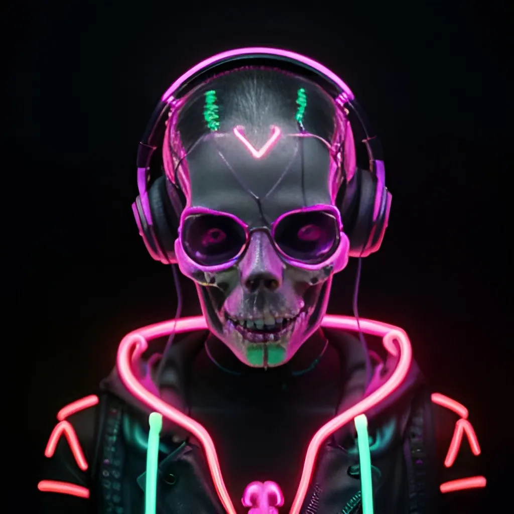 Prompt: Skull wearing headphones, digital illustration, neon cyberpunk theme, glowing neon colors, intricate skull details, high quality, digital art, cyberpunk, neon colors, detailed skull, futuristic, glowing, atmospheric lighting