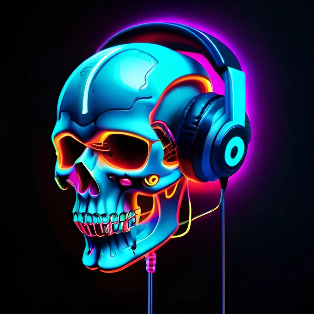 Skull wearing headphones, digital illustration, neon...