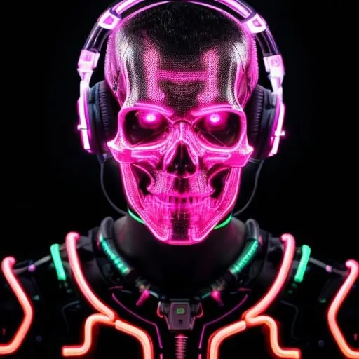 Prompt: Portrait of a bio mechanical skull wearing headphones, digital illustration, glowing neon accents, high-tech futuristic style, metallic sheen, detailed circuits and wires, intense and vibrant lighting, high quality, futuristic, digital art, bio mechanical, glowing neon, detailed design, cyberpunk, intense lighting