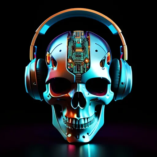 Prompt: Futuristic-biomechanical depiction of a human skull wearing headphones, metallic texture with intricate circuitry, glowing neon accents, high-tech audio equipment, detailed and realistic, dark and moody lighting, cyberpunk color palette, intense and atmospheric, high quality, ultra-detailed, biomechanical, cyberpunk, futuristic, skull, headphones, metallic texture, glowing neon, audio equipment, intricate circuitry, dark lighting, moody atmosphere