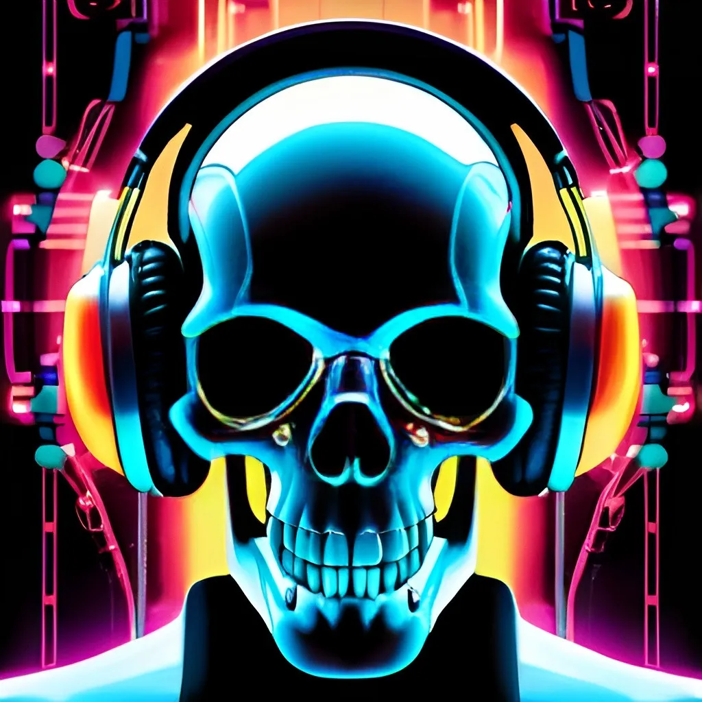 Prompt: Futuristic-biomechanical illustration of a skull wearing headphones, metallic and organic textures, glowing neon accents, high-tech cyberpunk setting, intricate wiring and circuitry, eerie and surreal atmosphere, highres, ultra-detailed, cyberpunk, biomechanical, futuristic, glowing neons, intricate details, eerie atmosphere, skull, headphones, metallic textures, organic textures, advanced lighting