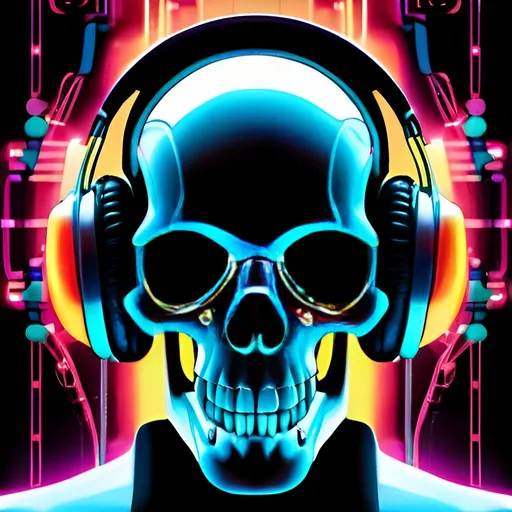 Prompt: Futuristic-biomechanical illustration of a skull wearing headphones, metallic and organic textures, glowing neon accents, high-tech cyberpunk setting, intricate wiring and circuitry, eerie and surreal atmosphere, highres, ultra-detailed, cyberpunk, biomechanical, futuristic, glowing neons, intricate details, eerie atmosphere, skull, headphones, metallic textures, organic textures, advanced lighting