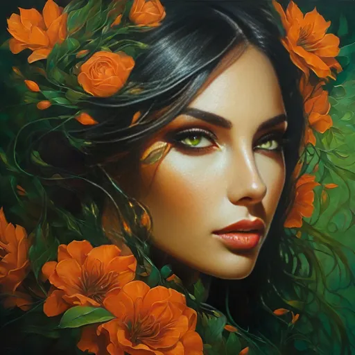 Prompt: Beautiful  hybrid woman with orange flowers sprouting from her, oil painting, detailed green eyes,  ethereal glow, dark and mysterious, high quality, vibrant colors, surreal, haunting, intricate floral details, intense gaze, mystical atmosphere, oil painting, demon, hybrid, fiery eyes, ethereal, vibrant colors, surreal, haunting, floral details, intense gaze, mystical atmosphere