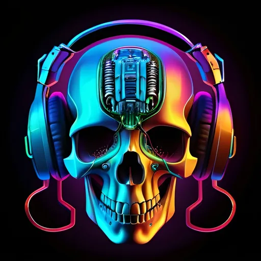 Prompt: Futuristic biomechanical illustration of a skull wearing headphones, metallic and organic textures, surreal cybernetic details, intense and vibrant hues, high-tech neon glow, intricate wiring and circuitry, detailed and realistic, futuristic, biomechanical, skull, headphones, surreal, cybernetic, vibrant hues, high-tech, neon glow, intricate details, realistic, intense