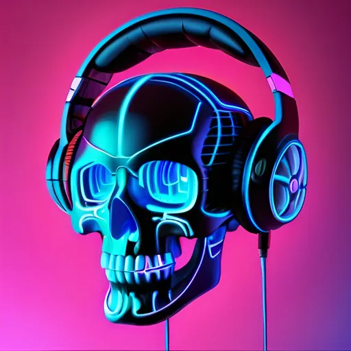 Prompt: Skull wearing headphones, digital illustration, neon cyberpunk theme, vibrant electric blue and neon pink tones, glowing wireframe headphones, detailed skull features, high quality, digital art, cyberpunk, neon colors, futuristic, detailed skull, vibrant lighting