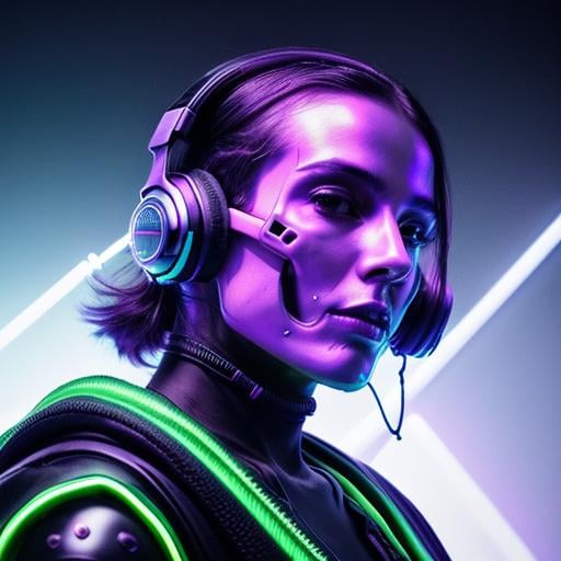 Prompt: Bio-mechanical skull wearing headphones, digital painting, glowing neon accents, futuristic cyberpunk style, metallic sheen, detailed mechanical structure, intense neon lighting, high quality, digital painting, cyberpunk, futuristic, glowing neon, metallic sheen, detailed structure, intense lighting, headphones