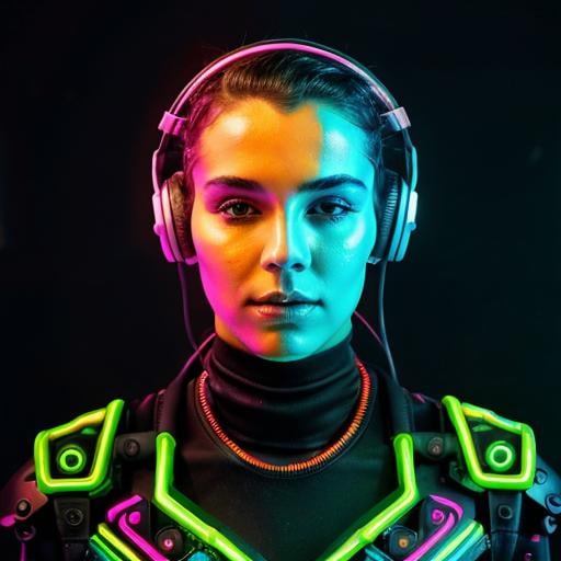 Prompt: Bio-mechanical skull wearing headphones, digital painting, glowing neon accents, futuristic cyberpunk style, metallic sheen, detailed mechanical structure, intense neon lighting, high quality, digital painting, cyberpunk, futuristic, glowing neon, metallic sheen, detailed structure, intense lighting, headphones