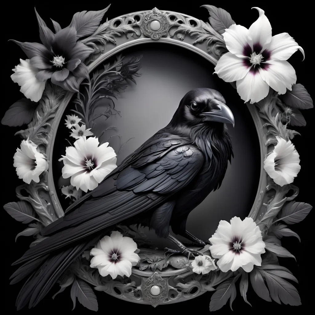 Prompt: One raven enclosed in a cameo, black, white, surrounded by cosmos flowers, gladiolus flowers, leaves, gothic style, high quality, detailed, gothic, dark tones, cosmic flowers, raven, monochrome, detailed feathers, intricate design, haunting atmosphere, professional lighting