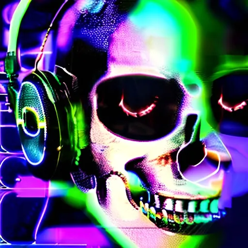 Prompt: Futuristic-biomechanical depiction of a human skull wearing headphones, metallic texture with intricate circuitry, glowing neon accents, high-tech audio equipment, detailed and realistic, dark and moody lighting, cyberpunk color palette, intense and atmospheric, high quality, ultra-detailed, biomechanical, cyberpunk, futuristic, skull, headphones, metallic texture, glowing neon, audio equipment, intricate circuitry, dark lighting, moody atmosphere